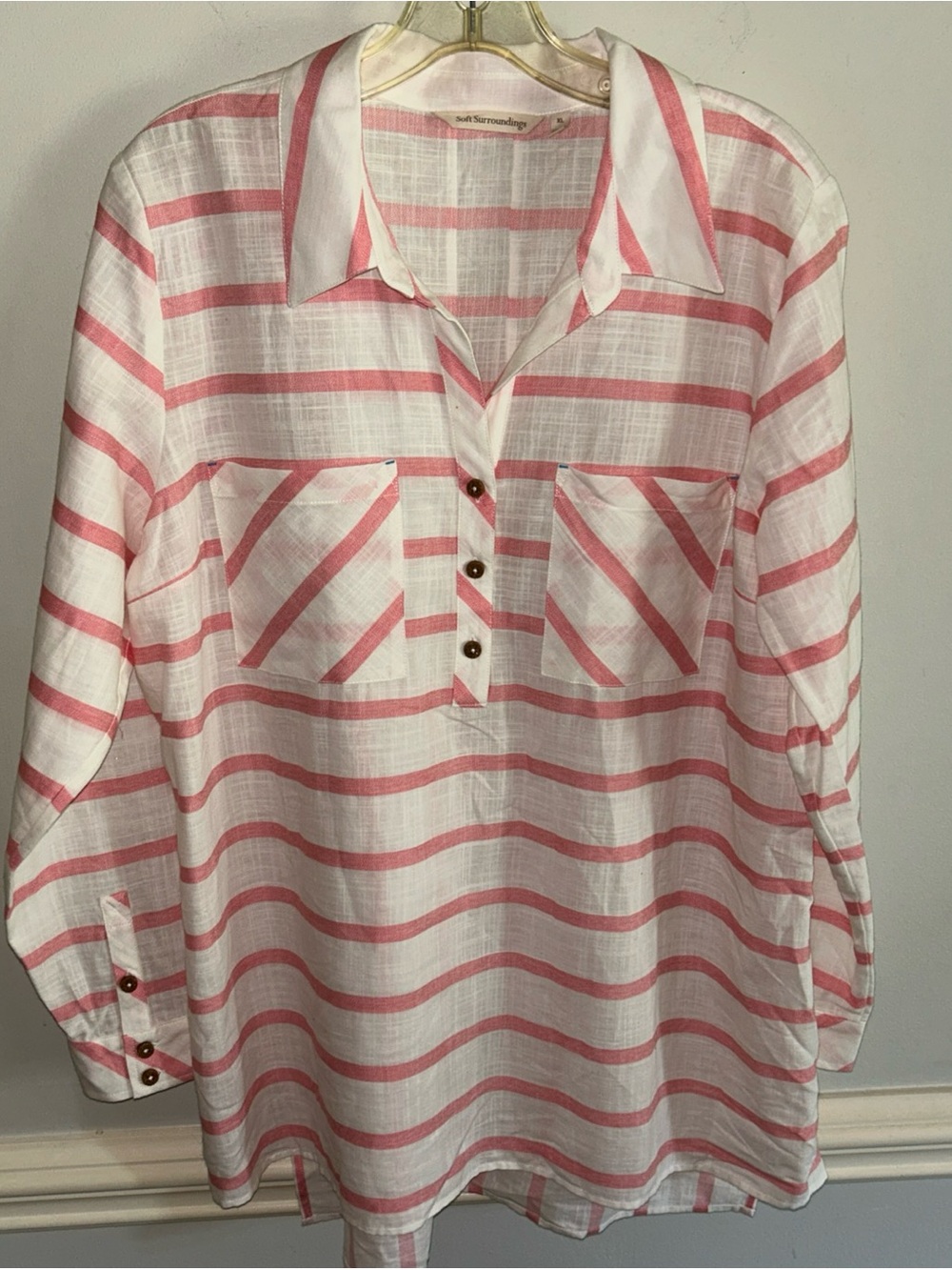 Soft Surroundings White and Pink Striped Button-Front Pullover Blouse